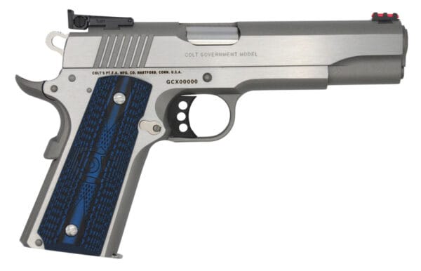 Colt Mfg O5070GCL Gold Cup Lite  45 ACP 8+1 5" Stainless National Match Barrel, Stainless Steel Serrated Slide, Stainless Steel Frame w/Beavertail, Blue Scalloped G10 Grip, Ambidextrous
