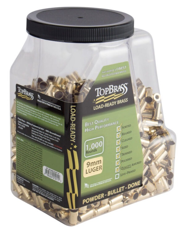 Top Brass 6B9MMLUGXYMJ Premium Reconditioned Unprimed Cases 9mmLuger Handgun Brass 1000/Jug
