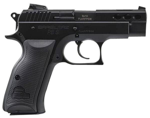 SAR USA P8SBL P8S Compact 9mm Luger 17+1, 3.80" Black Ported Steel Barrel, Black Ported/Serrated Steel Slide, Black Oxide Steel Frame w/Beavertail, Black Polymer Grip, Manual Thumb Safety, Right Hand