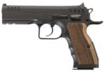 Tanfoglio IFG TF-STOCKI-9SF Defiant Stock I 9mm Luger Caliber with 4.50" Barrel, 16+1 Capacity, Overall Black Finish Steel, Picatinny Rail/Beavertail Short Frame, Serrated Slide & Wood Grip