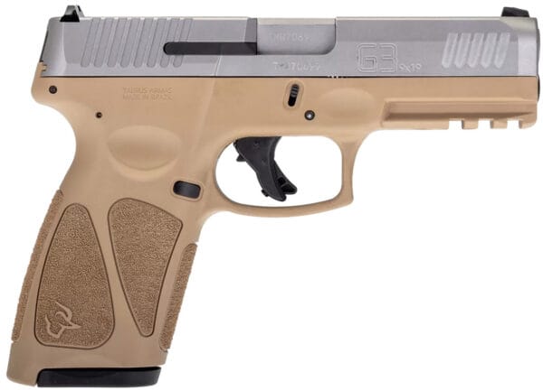 Taurus 1G3B949T15 G3  Full Size Frame 9mm Luger 15+1 4" Matte Stainless Steel Barrel, Matte Serrated Stainless Steel Slide, Tan Polymer Frame w/Picatinny Rail, Tan Polymer Grip, Right Hand