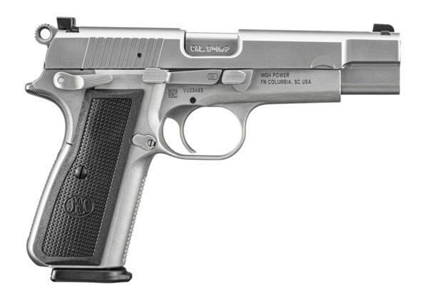 FN 66101068 High Power  9mm Luger 17+1, 4.70" Black Target Crown Steel Barrel, Stainless PVD Serrated Steel Slide, Matte Stainless Steel Frame w/Beavertail, Black Textured Polymer Grip, Ambidextrous