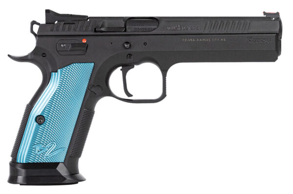 CZ-USA 91222 TS 2  40 S&W 17+1 5.28" Black Steel Barrel, Black Serrated Steel Slide, Black Polycoat Steel Frame w/Beavertail, Blue Checkered Aluminum Grip, Ambidextrous