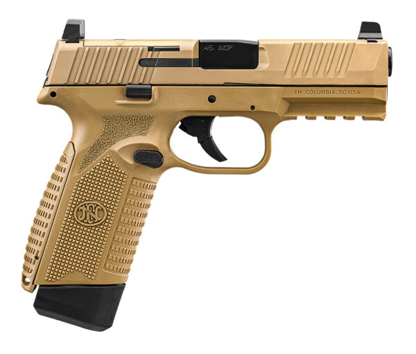 FN 66101388 545 MRD Full Size 45 ACP 15+1, 4.10" Black Target Crown Steel Barrel, Flat Dark Earth PVD Optic Cut/Serrated Steel Slide & Polymer Frame w/Picatinny Rail, Ambidextrous