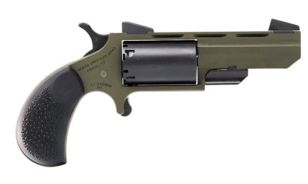 North American Arms TGHM Huntsman  22 Mag 5 Shot 2", OD Green Frame/Barrel, Black Cylinder, Camo Grips, Fixed Marble Arms Sights, Includes Black Leather Holster