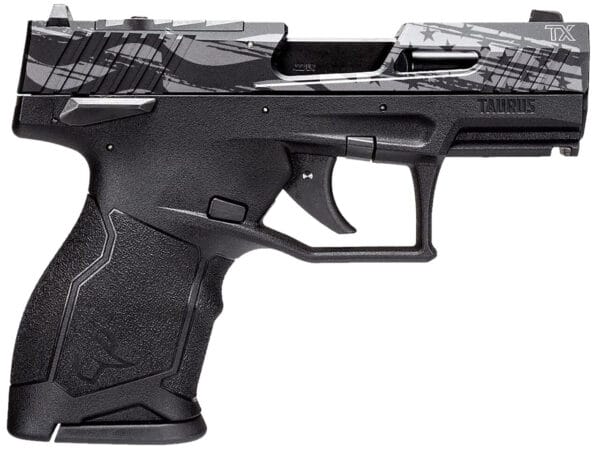 Taurus 1TX22131US5 TX22C T.O.R.O. Compact Frame 22 LR 13+1 3.60" Matte Black Threaded Barrel, Engraved Distressed USA Flag Optic Ready/Serrated Slide, Black Polymer Frame