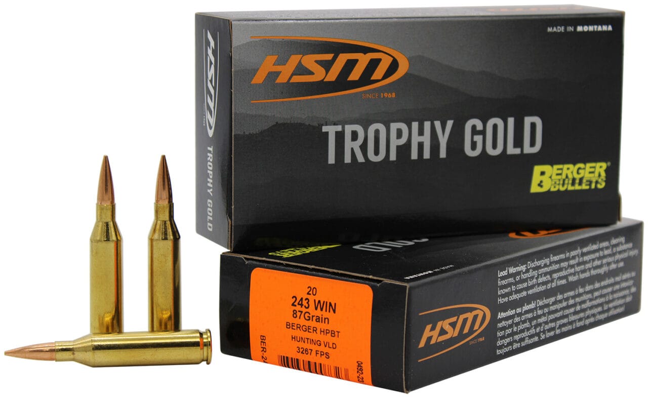 HSM Trophy Gold 243 Winchester 87 Grain Extended Range Ammunition 1 HSM Trophy Gold 243 Winchester 87 Grain Extended Range Ammunition