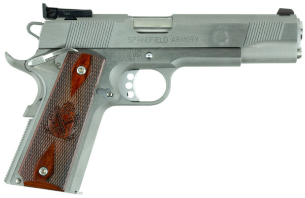 Springfield Armory PI9134LCA 1911 Loaded Target *CA Complaint 9mm Luger 9+1, 5" Stainless Match Grade  Barrel, Serrated Slide & Frame w/Beavertail, Crossed Cannon Cocobolo Grip