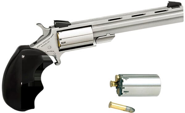 North American Arms MMC Mini-Master *CA Compliant 22 LR or 22 WMR 5rd 4" Vent Rib Barrel, Overall Stainless Steel Finish & Finger Grooved Black Rubber Grip Includes Cylinder