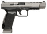 Canik HG3774GN TP9SFx  9mm Luger 20+1, 5.20" Black Nitride Match Grade Barrel, Tungsten Gray Cerakote Optic Ready/Serrated w/Ports Steel Slide, Black Polymer Frame w/Picatinny Rail, Ambidextrous