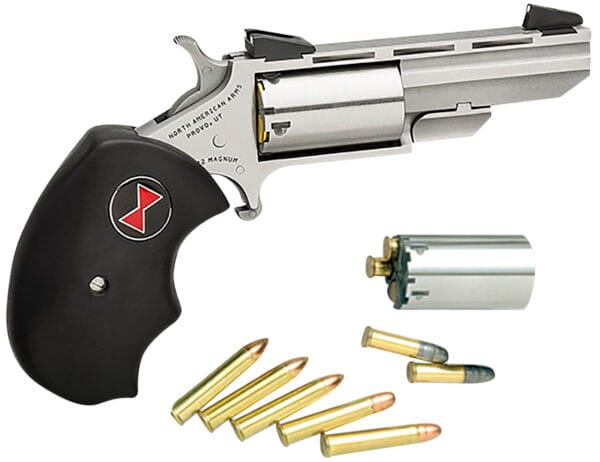 North American Arms BWC Black Widow  22 LR or 22 WMR 5 Shot 2" Vent Rib Barrel, Overall Stainless Steel Finish, Finger Grooved Black Rubber Grip & Fixed Sights Includes Cylinder