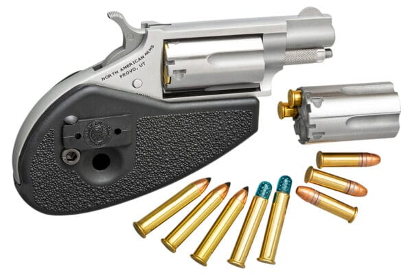 North American Arms 22MSCHG Mini-Revolver  22 LR or 22 WMR 5 rd 1.13" Barrel, Overall Stainless Steel Finish, Black Synthetic Holster Grip, Includes Cylinders