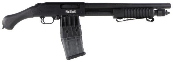 Mossberg 50208 590M Shockwave 12 Gauge 10+1 Mag-Fed 2.75" 15" Heavy Barrel, Blued Metal Finish, Drilled & Tapped Receiver, Corncob Forend w/Strap, Raptor Birdshead Grip Stock