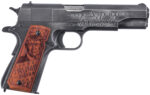 Auto-Ordnance 1911BKOC12 1911 Trump Save America 45 ACP  5" Barrel 7+1, Distressed Armor Black Cerakote, Carbon Steel Beavertail Frame, Serrated Engraved Slide, Custom Engraved Goncalo Wood Grip