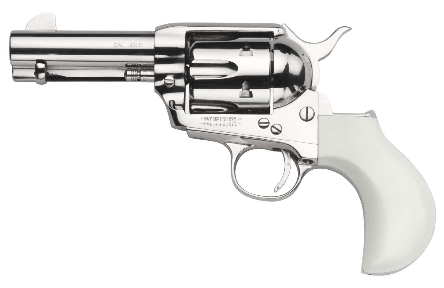Taylors & Company 1873 Cattleman 357 Mag 1 Taylors & Company 200073 1873 Cattleman 357 Mag Caliber with 3.50" Barrel, 6rd Capacity Cylinder, Overall Nickel-Plated Finish Steel & Ivory Birdshead Synthetic Grip