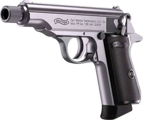 WALTHER PP SD 32ACP STAINLESS - 8RD THREADED BARREL BLK GRIPS
