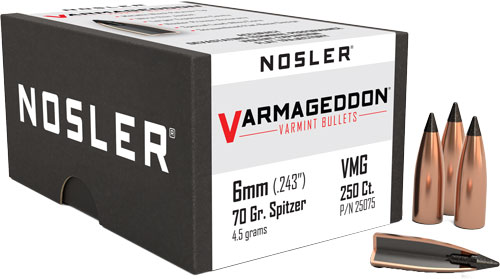 Nosler Varmageddon 243 Caliber 70 Grain Tipped Reloading Bullet 250 Count