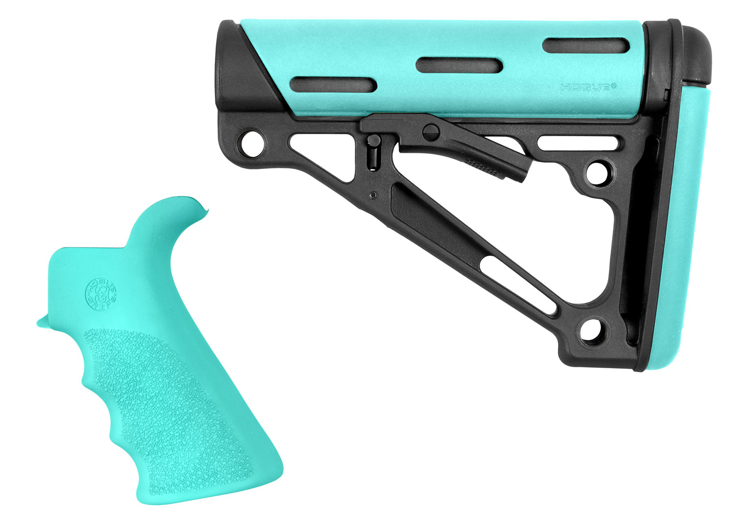 Hogue 13456 OverMolded 2-Piece Kit Collapsible Aqua OverMolded Rubber Black & Aqua Rubber Grip for AR15, M16 with Mil-Spec Tube (Tube Not Included) 1 Hogue 13456 OverMolded 2-Piece Kit Collapsible Aqua OverMolded Rubber Black & Aqua Rubber Grip for AR15, M16 with Mil-Spec Tube (Tube Not Included)