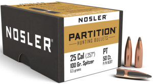 Nosler Partition 25 Caliber 100 Grain Spitzer Reloading Bullet 50 Count