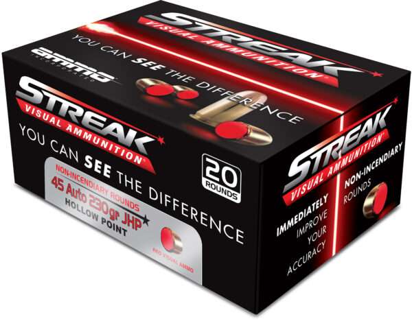 Ammo Inc 45230JHPSTRKRED Streak Visual (RED)  45ACP 230gr Jacketed Hollow Point 20 Per Box/10 Case