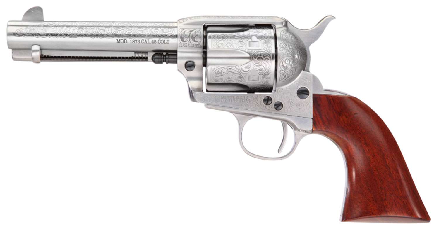 Taylors & Company 550928 1873 Cattleman 357 Mag Caliber with 4.75" Barrel, 6rd Capacity Cylinder, Overall White Floral Engraved Finish Steel & Walnut Grip 1 Taylors & Company 550928 1873 Cattleman 357 Mag Caliber with 4.75" Barrel, 6rd Capacity Cylinder, Overall White Floral Engraved Finish Steel & Walnut Grip