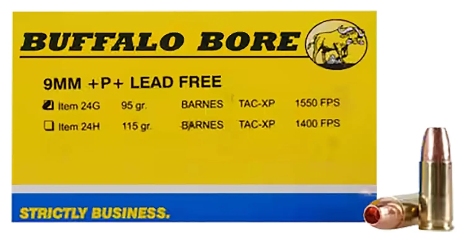 Buffalo Bore Ammunition 24G20 Buffalo-Barnes Strictly Business 9mmLuger +P+ 95gr Barnes TAC-XP Lead Free 20 Per Box/12 Case 1 Buffalo Bore Ammunition 24G20 Buffalo-Barnes Strictly Business 9mmLuger +P+ 95gr Barnes TAC-XP Lead Free 20 Per Box/12 Case