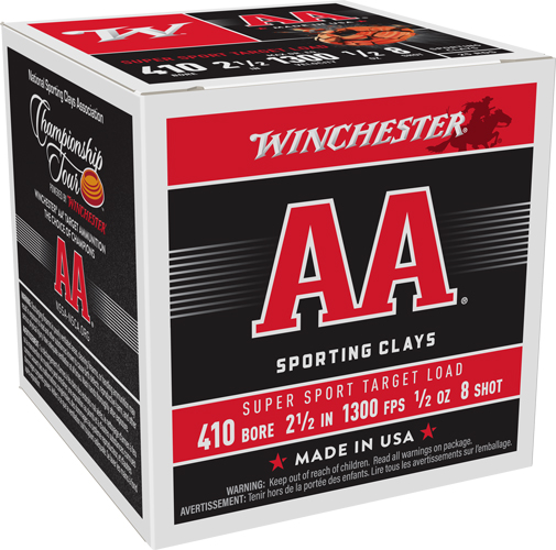 WINCHESTER AA 410 2.5" 1/2OZ - #8 1300FPS 250RD CASE LOT 1 WINCHESTER AA 410 2.5" 1/2OZ - #8 1300FPS 250RD CASE LOT