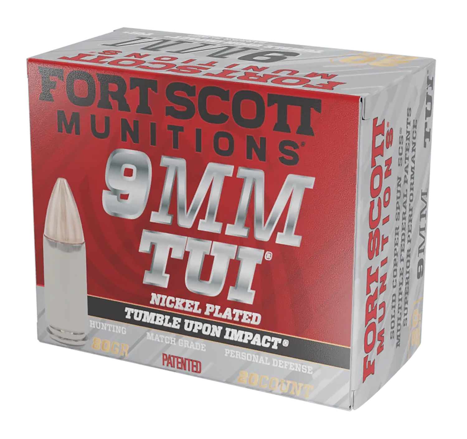 Fort Scott Munitions 9mm 80 Grain Solid Copper Tumble Upon Impact Ammunition 1 Fort Scott Munitions 9MM080SCVNIC Tumble Upon Impact (TUI) 9mmLuger 80gr Solid Copper Spun 20 Per Box/25 Case