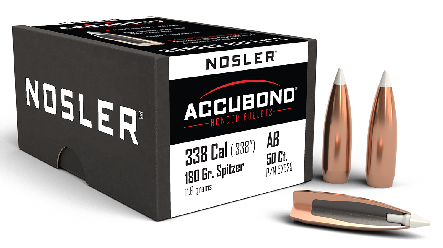 Nosler 57625 AccuBond 338Cal 180gr Spitzer Point Boat Tail 50/Box 1 Nosler 57625 AccuBond 338Cal 180gr Spitzer Point Boat Tail 50/Box