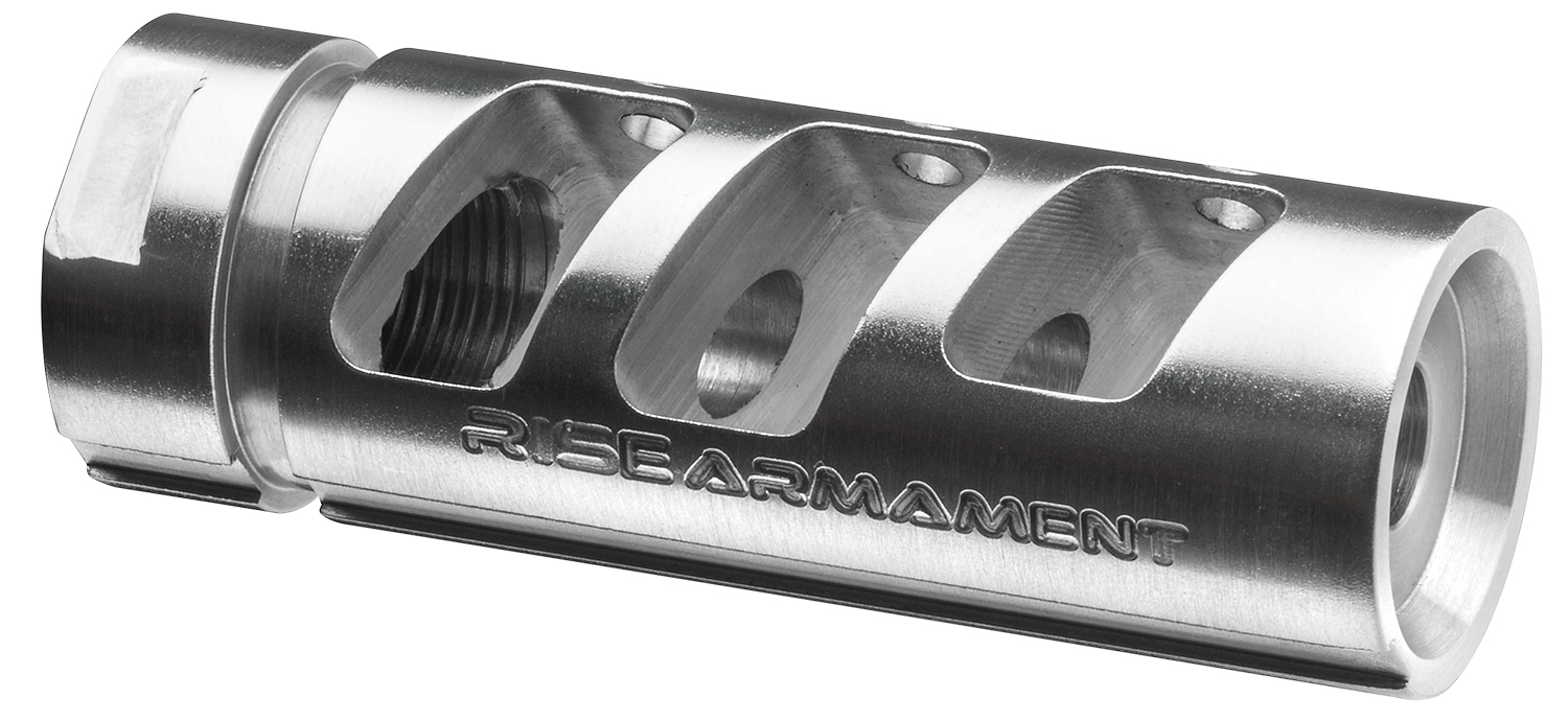 Rise Armament RA-701 Compensator 5.56 1 Rise Armament RA701223SLVR RA-701 Compensator Silver 416R Stainless Steel with 1/2"-28 tpi Threads & 2.50" OAL for 5.56x45mm NATO AR-Platform