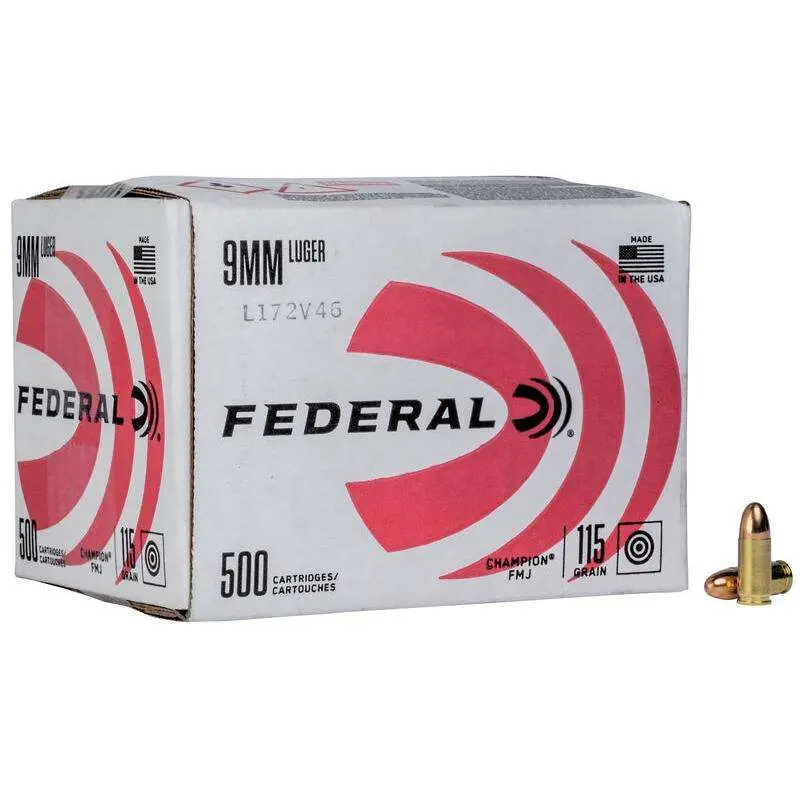 FEDERAL 9MM LUGER 115GR FMJ CHAMPION 500RD BULKPACK 500 RD/BX 1 BX/CS 1 FEDERAL 9MM LUGER 115GR FMJ CHAMPION 500RD BULKPACK 500 RD/BX 1 BX/CS