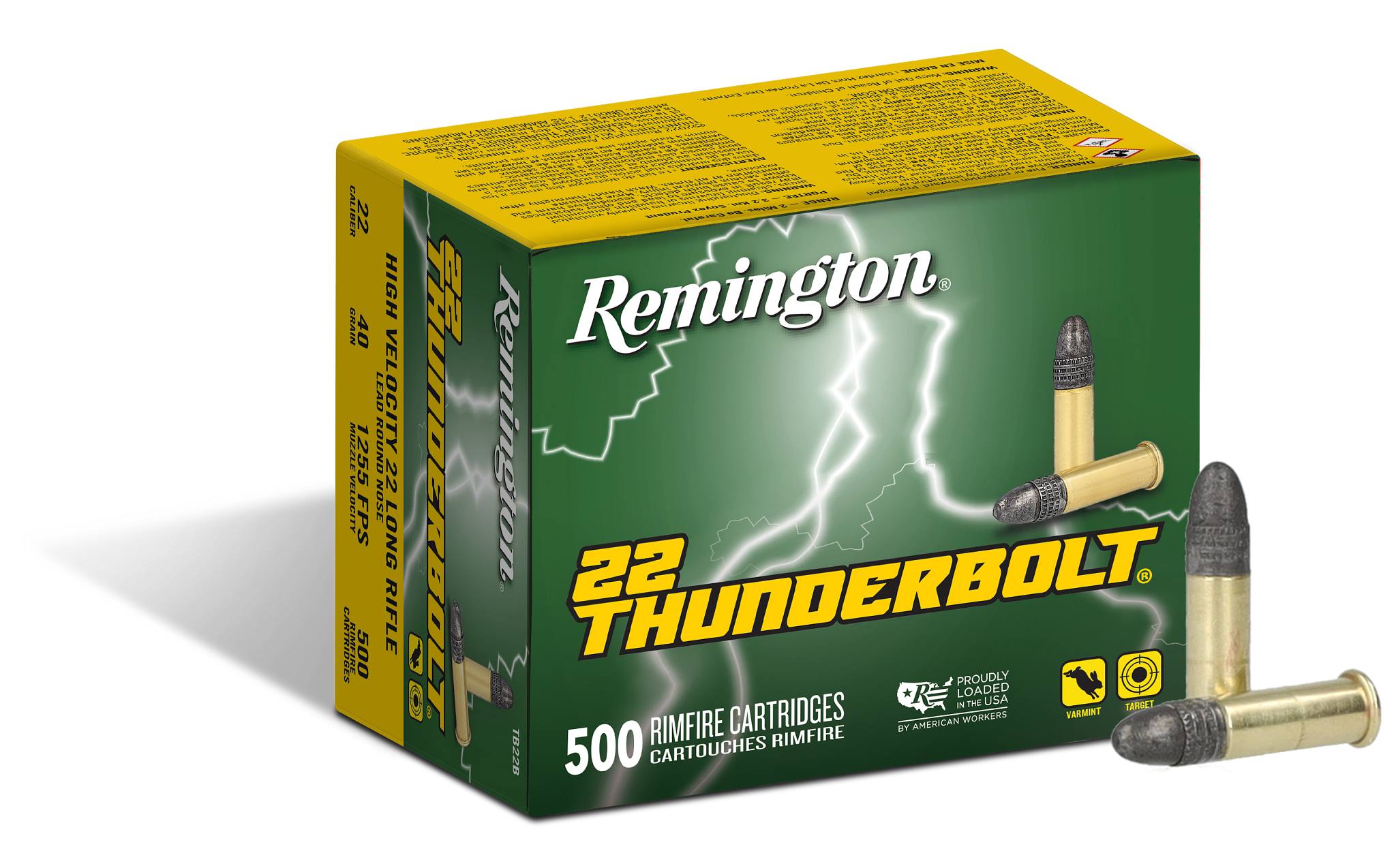 REMINGTON THUNDERBOLT® 22 LR, HV 40GR RN 500 RD/BX 10 BX/CS 1 REMINGTON THUNDERBOLT® 22 LR, HV 40GR RN 500 RD/BX 10 BX/CS