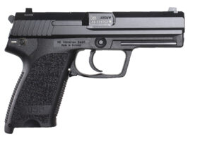 HK 81000322 USP V1 SA/DA 45 ACP Caliber with 4.41″ Barrel, 12+1 Capacity, Overall Black Finish, Serrated Trigger Guard Frame, Serrated Steel Slide & Polymer Gri