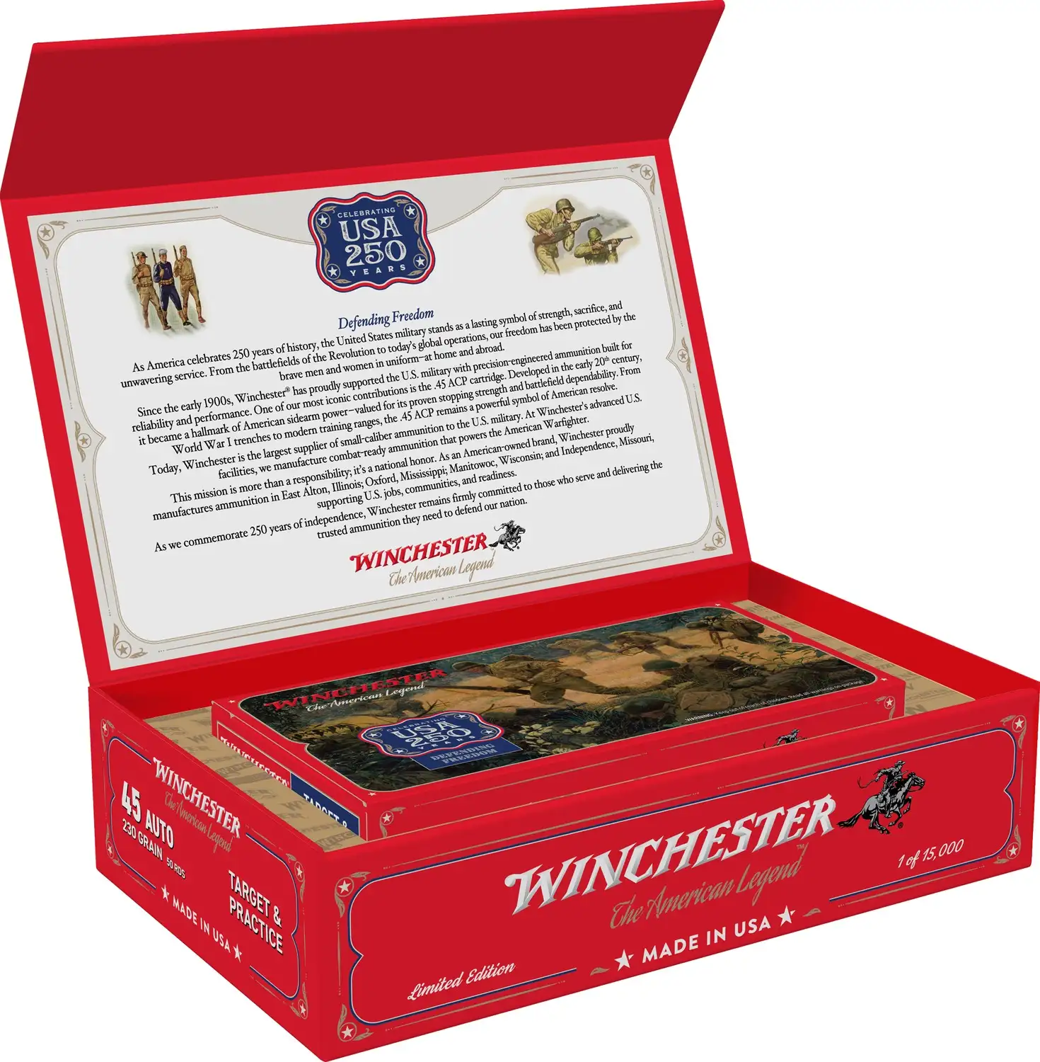 WINCHESTER USA 45ACP 230GR FMJ 250TH ANNIVERSARY 50RD/BX 6BX/CS 1 WINCHESTER USA 45ACP 230GR FMJ 250TH ANNIVERSARY 50RD/BX 6BX/CS