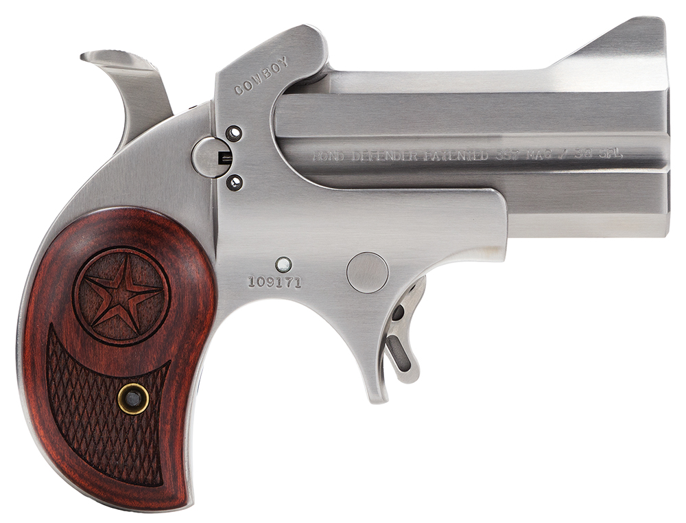 Bond Arms BACD Cowboy Defender 357 Mag/38 Sp 2rd 3" Barrel, Stainless Metal Finish, Blade Front/Fixed Rear Sights, Laminated Rosewood Grip, No Trigger Guard, Manual Safety 1 Bond Arms BACD Cowboy Defender 357 Mag/38 Sp 2rd 3" Barrel, Stainless Metal Finish, Blade Front/Fixed Rear Sights, Laminated Rosewood Grip, No Trigger Guard, Manual Safety