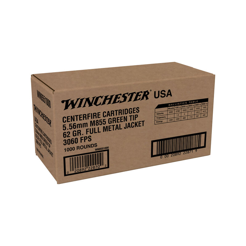 WINCHESTER 5.56 MM M855 62 FMJ WIN LC 1000RD (GREEN TIP) 1000 RD/BX 1 BX/CS 1 WINCHESTER 5.56 MM M855 62 FMJ WIN LC 1000RD (GREEN TIP) 1000 RD/BX 1 BX/CS