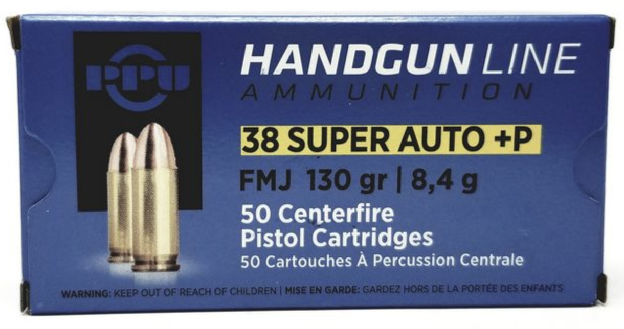 PPU .38 SUPER AUTO FMJ 130GR+P 50RD BOX 10 BOXES PER CASE 1 PPU .38 SUPER AUTO FMJ 130GR+P 50RD BOX 10 BOXES PER CASE