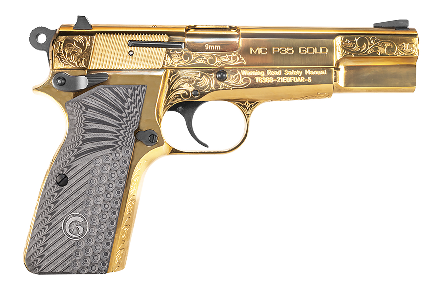 Girsan 390488 MC P35 9mm Luger 15+1 4.87" Gold Plated PVD Stainless Steel Barrel, Gold Finish Engraved Serrated Stainless Steel Slide, Gold Plated Steel Frame w/Beavertail, G10 Grip 1 Girsan 390488 MC P35 9mm Luger 15+1 4.87" Gold Plated PVD Stainless Steel Barrel, Gold Finish Engraved Serrated Stainless Steel Slide, Gold Plated Steel Frame w/Beavertail, G10 Grip