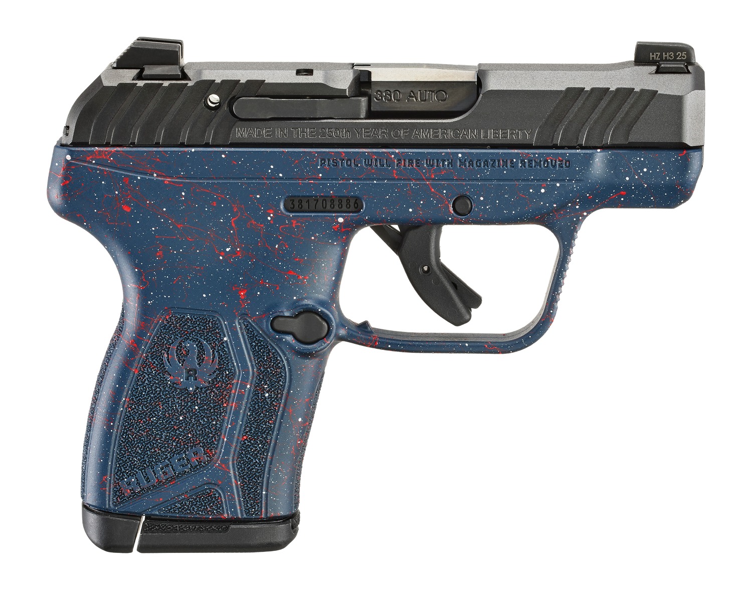 Ruger 13778 LCP Max 250th Anniversary Compact Frame 380 ACP 10+1 2.80" Black Nitride Barrel, Black Nitride Alloy Steel Engraved/Serrated Slide, Liberty Blue w/Red & White Splatter Polymer Frame 1 Ruger 13778 LCP Max 250th Anniversary Compact Frame 380 ACP 10+1 2.80" Black Nitride Barrel, Black Nitride Alloy Steel Engraved/Serrated Slide, Liberty Blue w/Red & White Splatter Polymer Frame