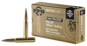 8mm Mauser Firearms and Ammunition 2 PPU PPM8 Match 8mmMauser 200gr Full Metal Jacket Boat Tail 20 Per Box/10 Case