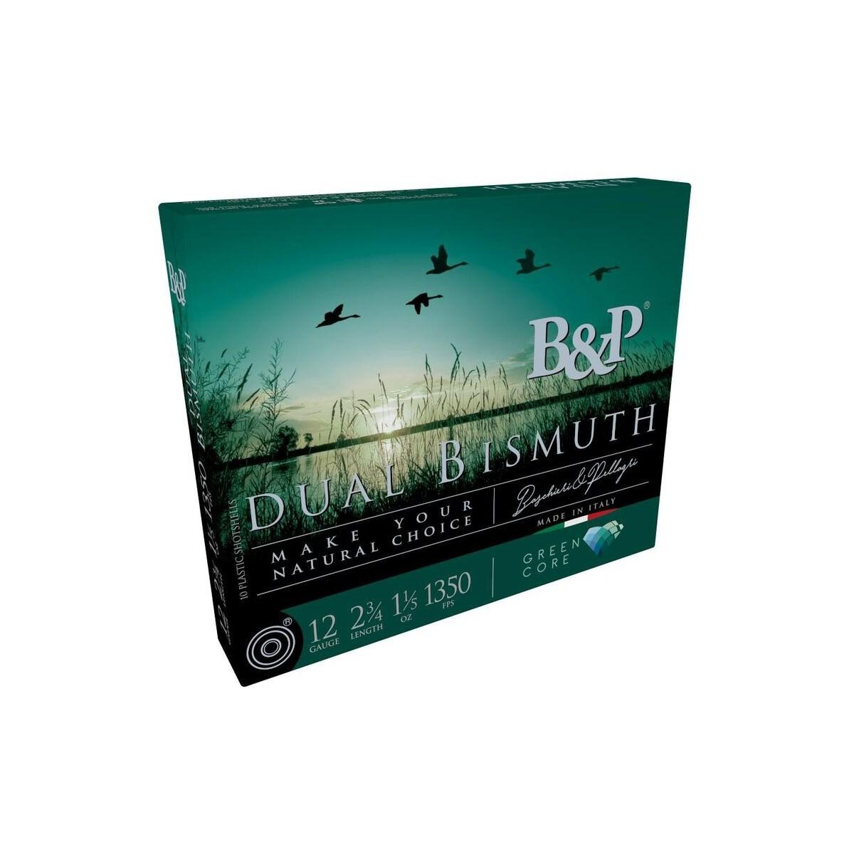 B&P Dual Bismuth Shotshells 12ga 2-3/4'' 1-1/5oz #4 + #3 1350 fps 10/ct 1 B&P Dual Bismuth Shotshells 12ga 2-3/4'' 1-1/5oz #4 + #3 1350 fps 10/ct