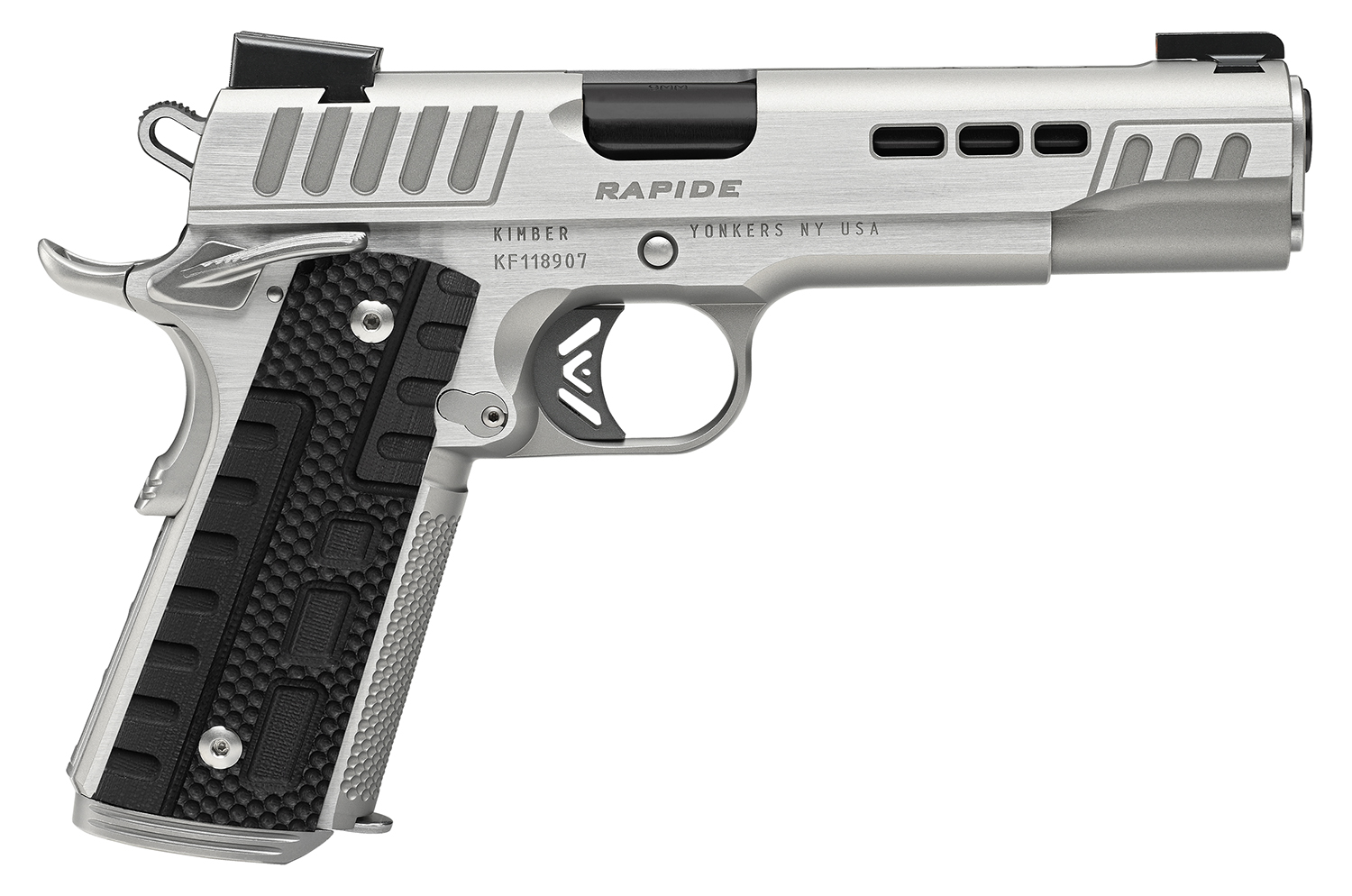 Kimber Mfg.,inc 3000429 Rapide Frost 10mm Auto 8+1 5" Black DLC Stainless Steel Barrel, Kimpro II Silver Lightening Cut/Serrated Stainless Steel Slide & Frame w/Beavertail, Black G10 Grip 1 Kimber Mfg.,inc 3000429 Rapide Frost 10mm Auto 8+1 5" Black DLC Stainless Steel Barrel, Kimpro II Silver Lightening Cut/Serrated Stainless Steel Slide & Frame w/Beavertail, Black G10 Grip